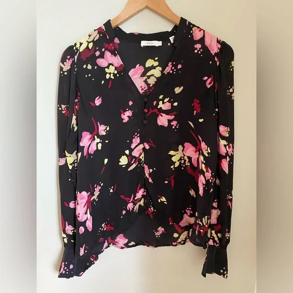 A.L.C. Rivera Silk Black Long Sleeve Floral Blouse Size 2 or Small - Picture 2 of 12